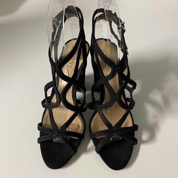 Schutz Sandal Caged Strappy Ankle Strap Nubuck Suede Black Open Toe Bloc… - Picture 4 of 8